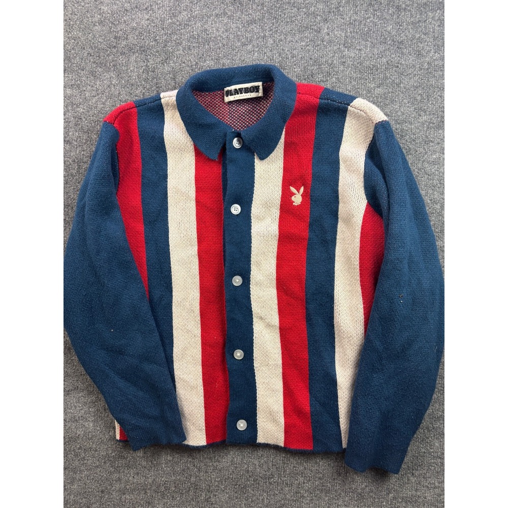 Playboy Cardigan Sweater Mens Size M Red White Blue Striped Button Up PacSun